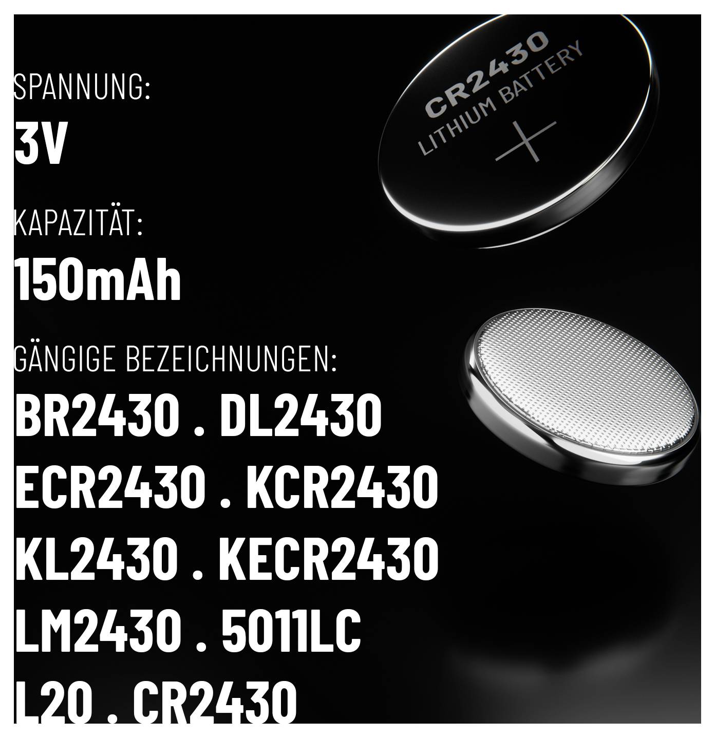 'Oberseite' zeigt zwei Knopfzellen-Batterien. Aufschrift: 3V, 150mAh. Bezeichnungen: BR2430, DL2430, ECR2430, KCR2430, und mehr.
