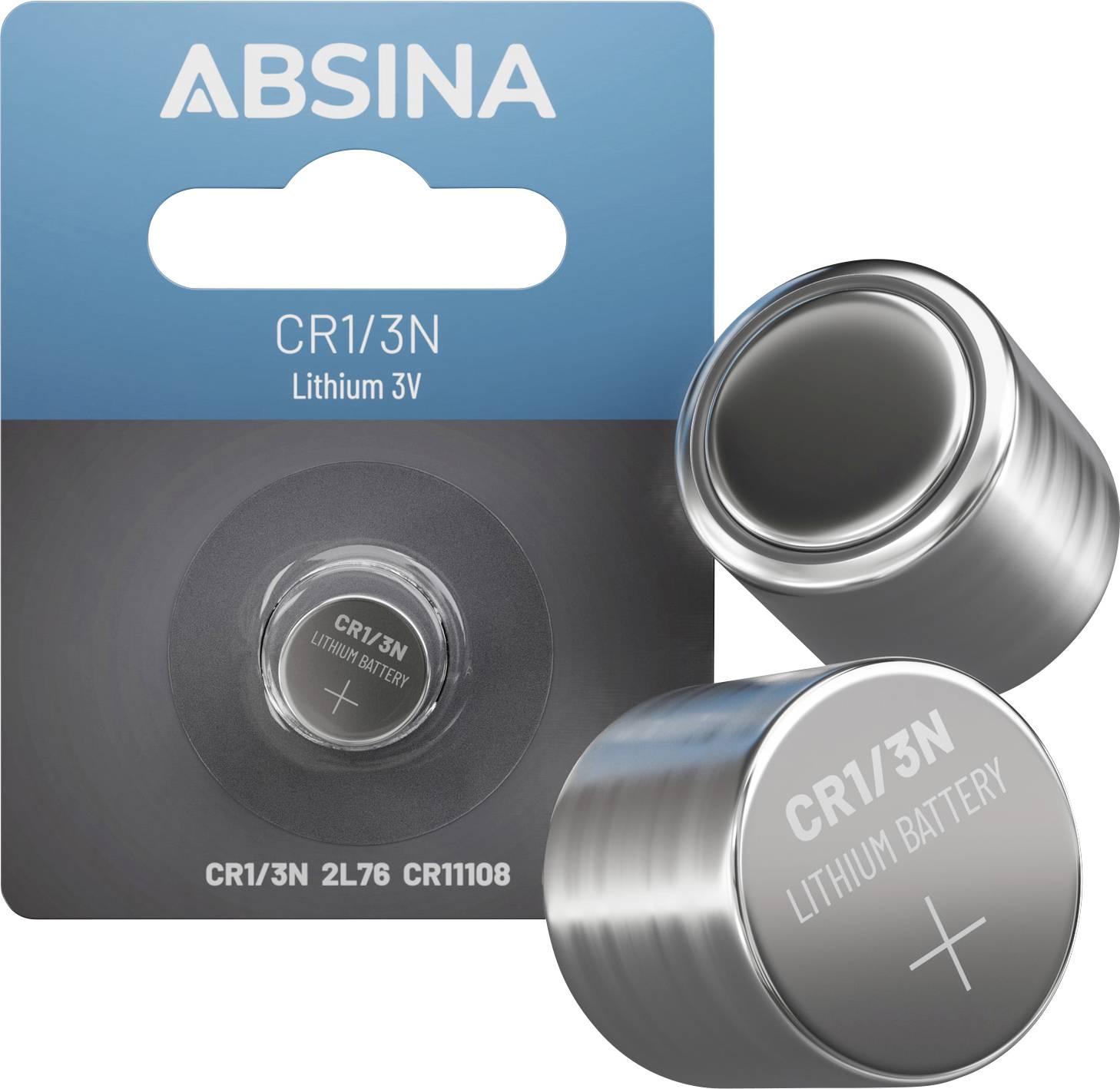 The image shows a package and two cylindrical CR1/3N lithium batteries, 3V, branded 'ABSINA', with specifications '2L76 CR11108'.