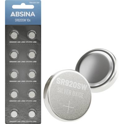 'ABSINA SR920SW' batteries package showing 10 silver oxide button cells, with a close-up of one battery labeled 'SR920SW Silver Oxide'.