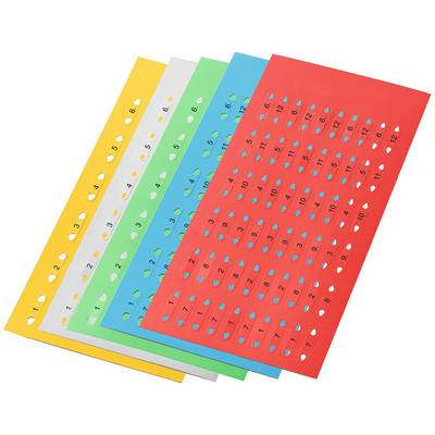Colored abacus paper with rows of numbered slots, ranging from 1 to 12, used for teaching arithmetic concepts.