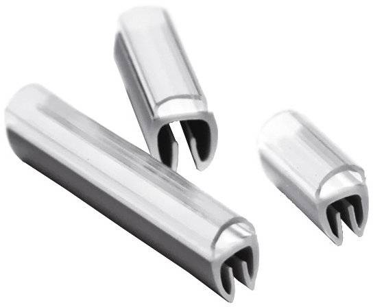 Three metal wire connectors with a U-shaped groove, displayed side by side, showing different sizes.
