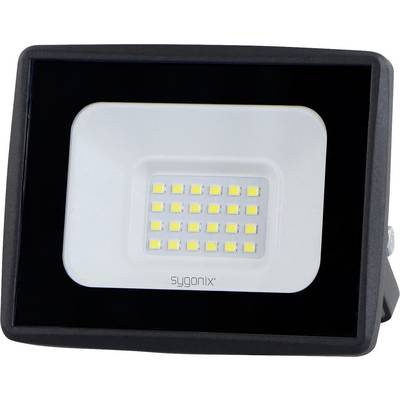 Compact black LED floodlight with white center panel and Sygonix logo, showing a grid of LED chips inside the housing.