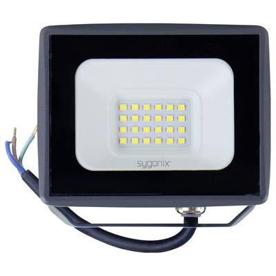 Black LED floodlight with exposed power cable and connector, showing a rectangular Sygonix light panel with multiple yellow LEDs.