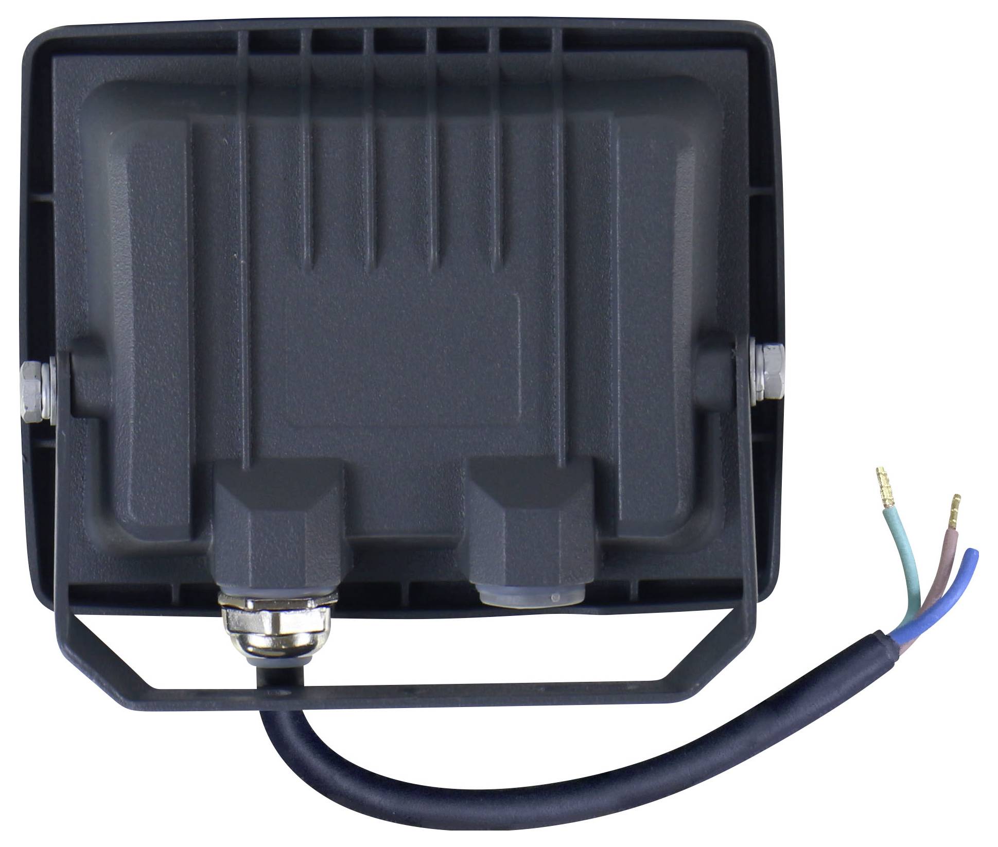 Black rectangular work light housing viewed from back, with attached power cable ending in three exposed wires.