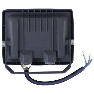 Black rectangular work light housing viewed from back, with attached power cable ending in three exposed wires.
