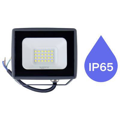 Black outdoor floodlight with exposed wires beside a blue droplet icon labeled 'IP65', indicating weatherproof rating.