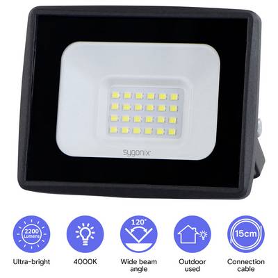 Black outdoor LED floodlight with 2200 lumens, 4000K light, wide 120° beam, and 15 cm connection cable.