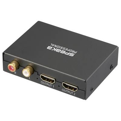 A compact black audio converter with 'Speaka PROFESSIONAL' branding. It features two HDMI outputs labeled 'OUTPUT 1' and 'OUTPUT 2,' and RCA connectors labeled 'R' and 'L.'