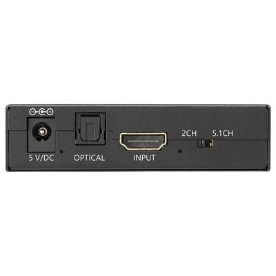 Rear panel of an audio converter with a 5V DC input, optical port, HDMI input, and a switch toggling between '2CH' and '5.1CH'.