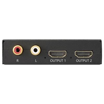 'A black audio-video device with red and white R, L input ports and two HDMI output ports labeled Output 1 and Output 2.'