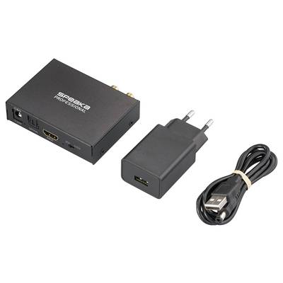 Audio adapter kit with a black device labeled 'SpeaKa Professional,' a power adapter, and a USB cable.