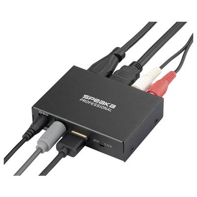 A black audio converter with multiple cables connected, labeled 'Speaka Professional', for converting between 2-channel and 5.1-channel audio.