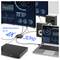 'HDMI Resolution up to 4K 30Hz' display connecting a laptop, media player, and speakers to multiple monitors, showing various graphs.