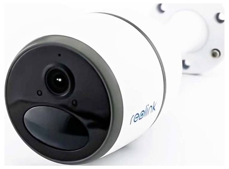 A white security camera with a wide-angle lens, mounted on a wall bracket, labeled 'reolink' on the side.