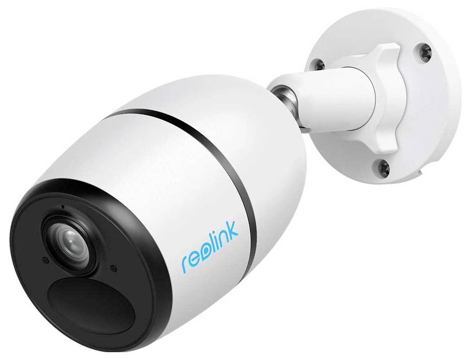 A white security camera mounted on a wall bracket with a lens and 'reolink' logo visible, designed for outdoor surveillance.