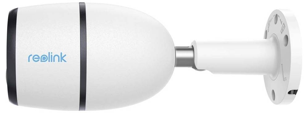 A white security camera with the 'reolink' logo, designed for wall mounting. It appears to be intended for outdoor surveillance.