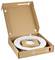 Cardboard box containing a large white reel with a transparent tape inside, designed for safe shipping and storage.