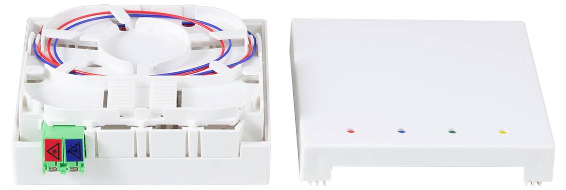 'Fiber optic termination box' showing open box with coiled cables and connectors, and closed cover with indicator lights. Used for cable management.