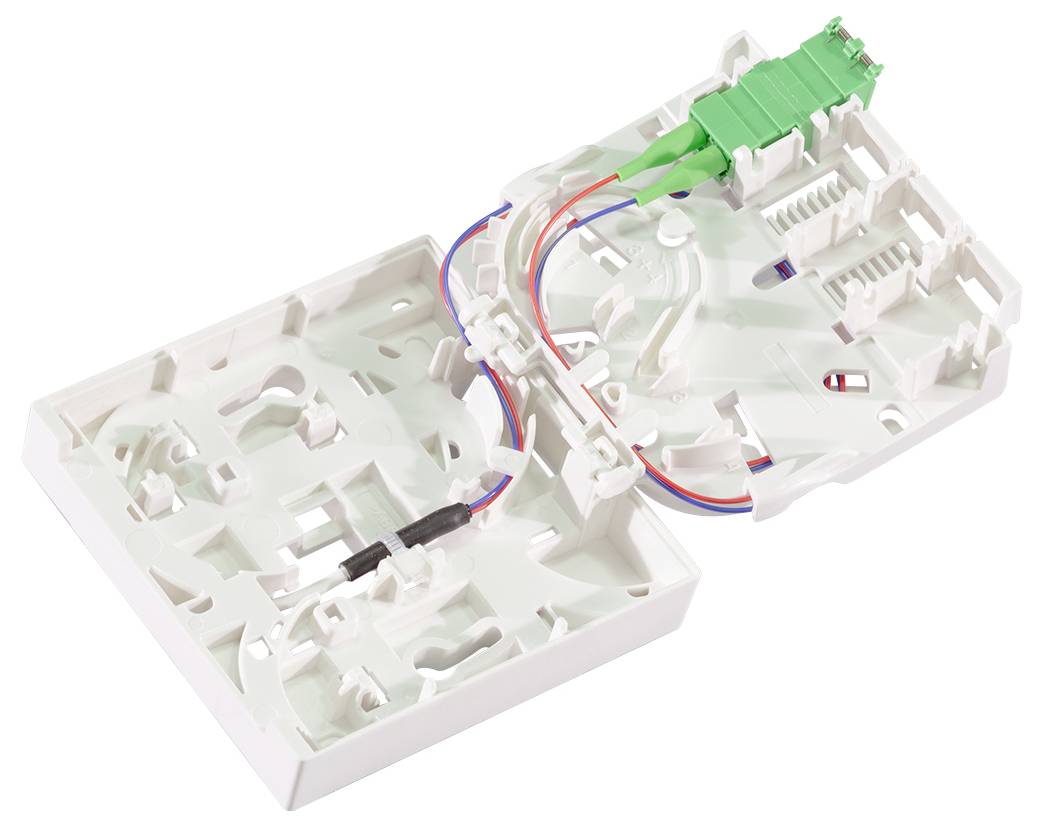 An opened fiber optic wall outlet with visible internal wiring and connectors.