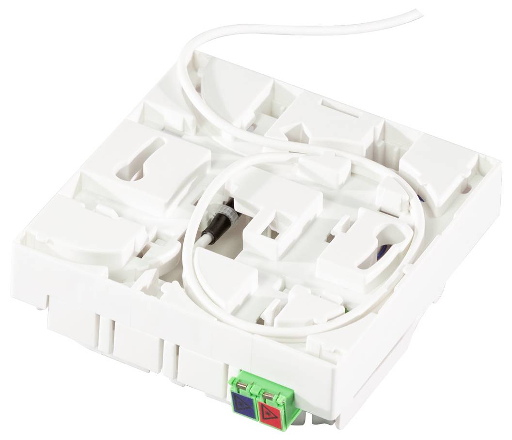 A white plastic telecommunication device with ports and cable, featuring green and blue connectors, used for fiber optic connections.