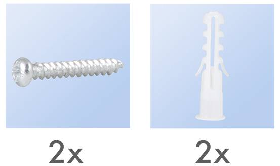 'Image showing two metal screws and two plastic wall anchors, each labeled with the quantity 2x.'