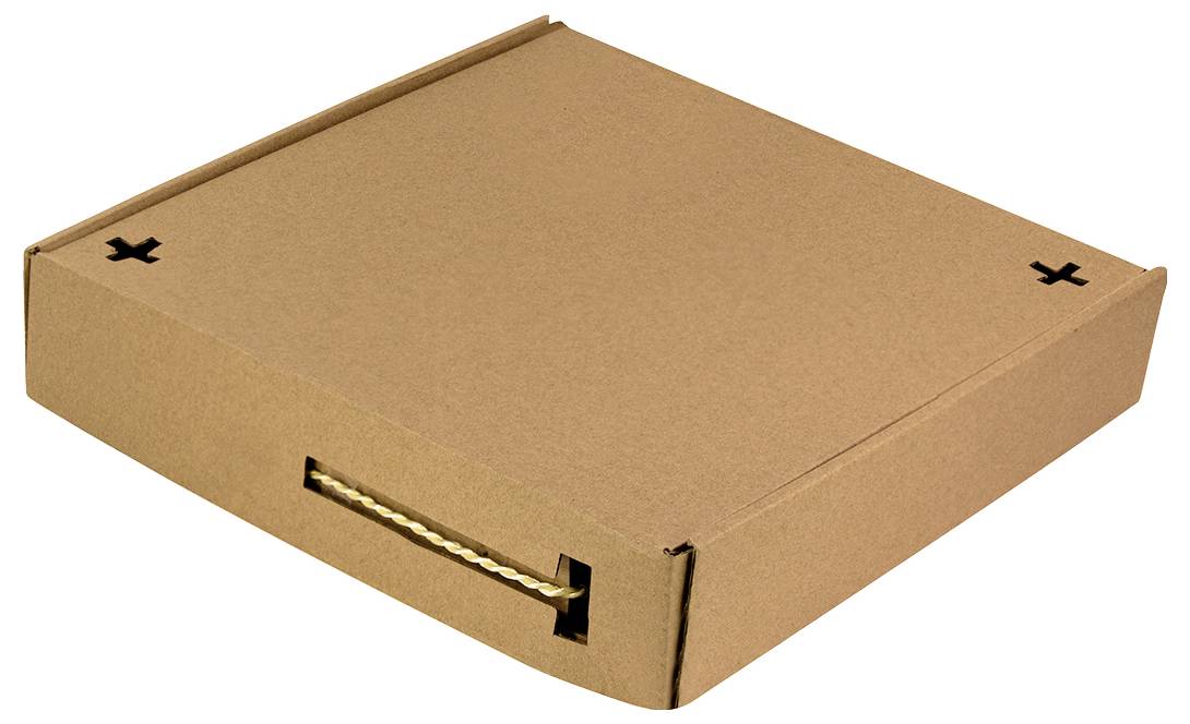 A closed, plain brown pizza box with a rope handle on one side, resting on a white surface.