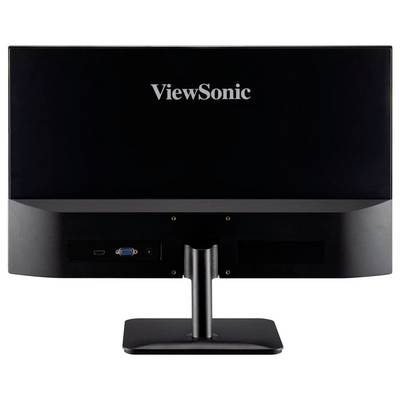 A ViewSonic monitor viewed from the rear, showing branded logo near the top and connection ports, including HDMI and VGA, at the bottom.