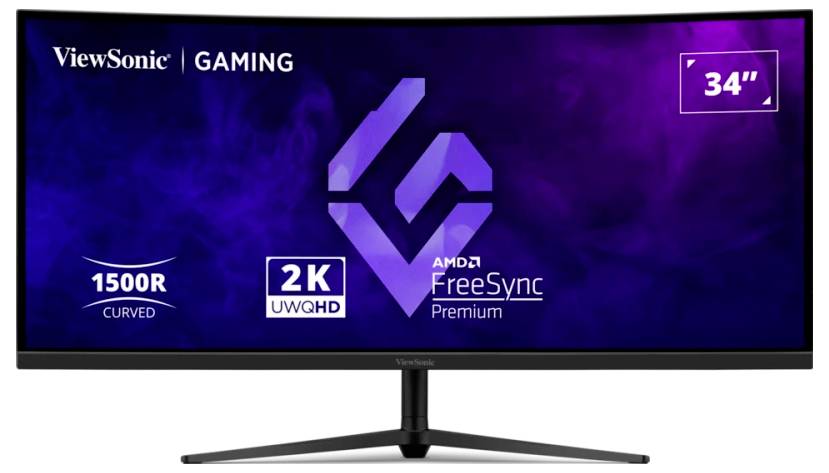 Curved 34-inch ViewSonic gaming monitor displaying 1500R curvature, 2K UWQHD resolution, and AMD FreeSync Premium features.