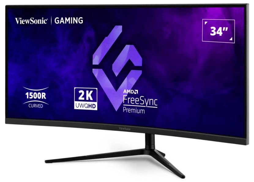 A ViewSonic 34-inch curved gaming monitor featuring 2K UWQHD resolution, AMD FreeSync Premium, with a dynamic purple smoky background.