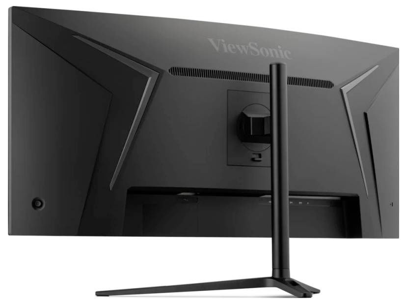 Rear view of a ViewSonic computer monitor showing a sleek black design with a curved back and cable management features.