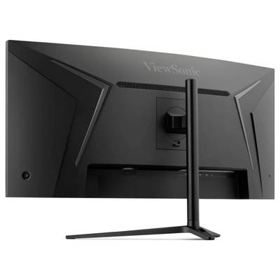 Rear view of a ViewSonic computer monitor showing a sleek black design with a curved back and cable management features.