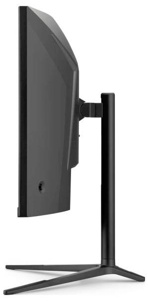 A side view of a modern computer monitor on a stand, showcasing its slim, sleek design and adjustable height feature.