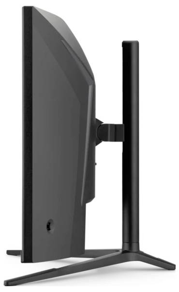 Side view of a sleek, modern flat-screen monitor with a sturdy, angular stand, emphasizing its slim profile and minimalist design.