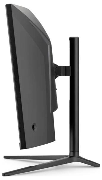 Side view of a black computer monitor with a sleek, modern design, showcasing its adjustable stand for ergonomic positioning.