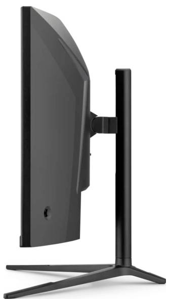 Side view of a black computer monitor on a stand, displaying its slim profile and angular base design.