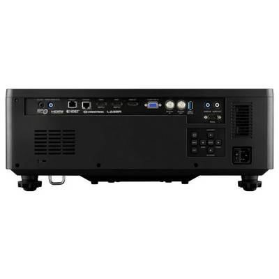 The image shows the back of a projector with various input and output ports, including HDMI, VGA, LAN, and USB connections, plus control buttons.