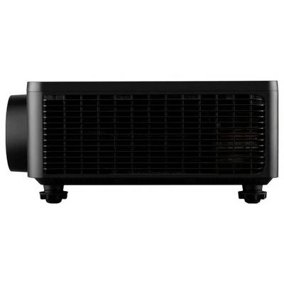 A black modern projector with a vented front, two adjustable feet, designed for mounting or placement on flat surfaces.