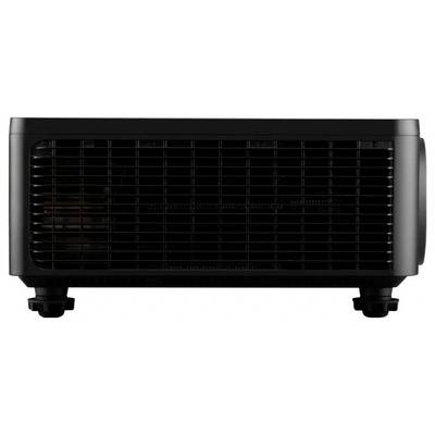 A black electronic device, resembling a projector, with a grid-like vent on its front and four feet at the base.