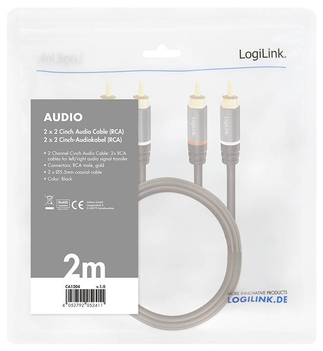 '2m 2x2 Cinch (RCA) Audio Cable, black, for stereo audio signal transfer, compatible with various audio devices. Brand: LogiLink.'