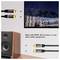 'Audio cables with gold connectors next to a speaker, screen displays a snowy mountain landscape. Text: Work with HDTV, A/V receiver, or audio equipment.'