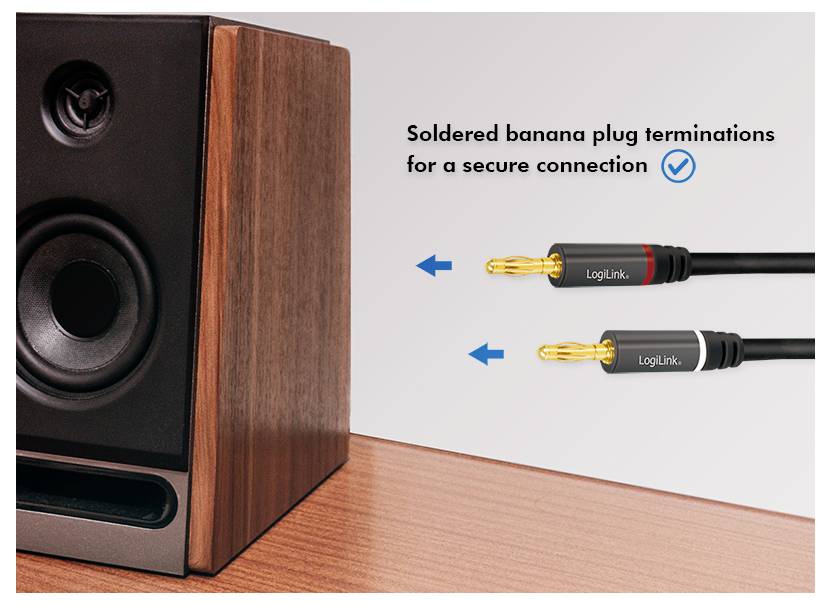 A speaker on a wooden surface with two LogiLink banana plug cables indicating 'Soldered banana plug terminations for a secure connection.'