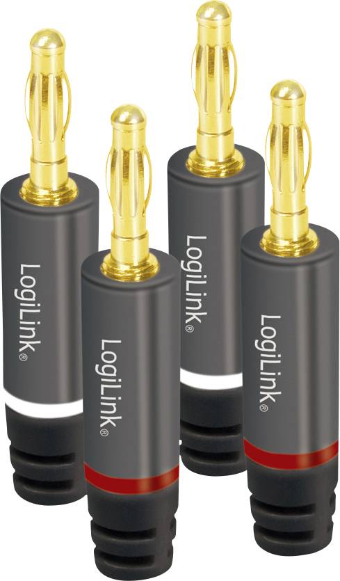 'LogiLink' banana plug connectors in gold with black and gray insulation, showing two pairs, one with white and one with red marking.