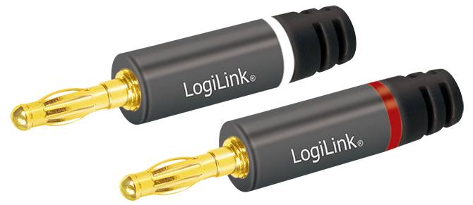 Two black and gold audio connectors labeled 'LogiLink', one with a white band and the other with a red band, indicating polarity.