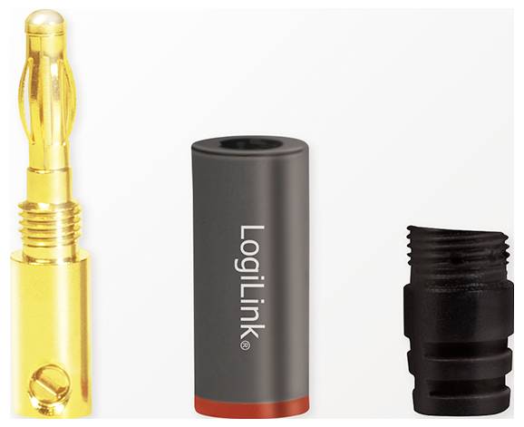 'Banana/RCA Plug Adapter Gold, Black, Red' showing three parts: gold cylindrical plug, black adapter with 'LogiLink' text, black ring.