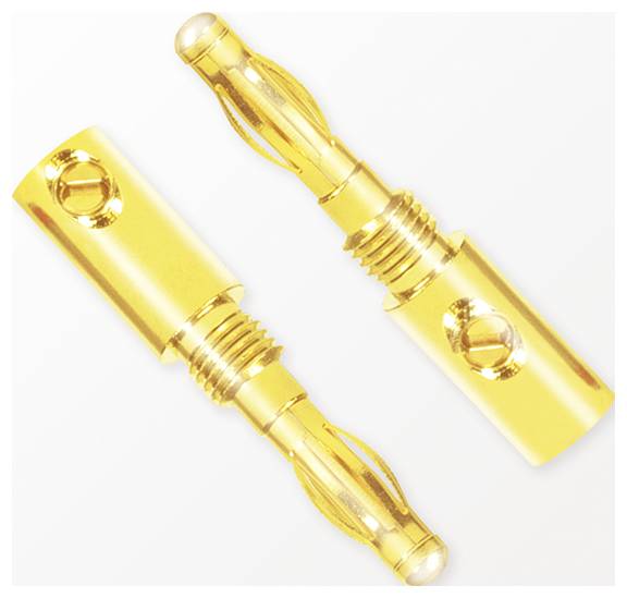 Two gold banana plugs are shown, highlighting their metal connectors and screw terminals, used for audio connections.