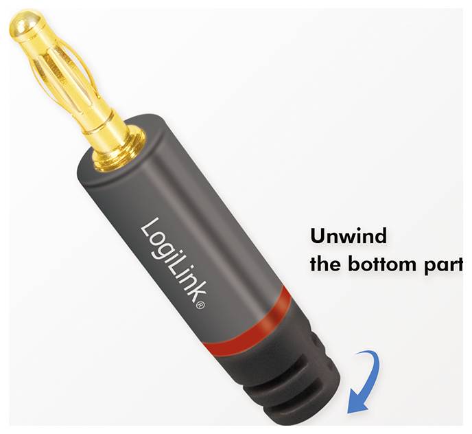 A close-up of a LogiLink audio connector with a gold tip and black body. Text says 'Unwind the bottom part' with a blue arrow indicating direction.