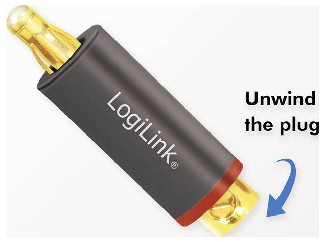 A plug with 'LogiLink' branding, partially unwound to reveal a gold connector, with the text 'Unwind the plug' and a blue arrow.