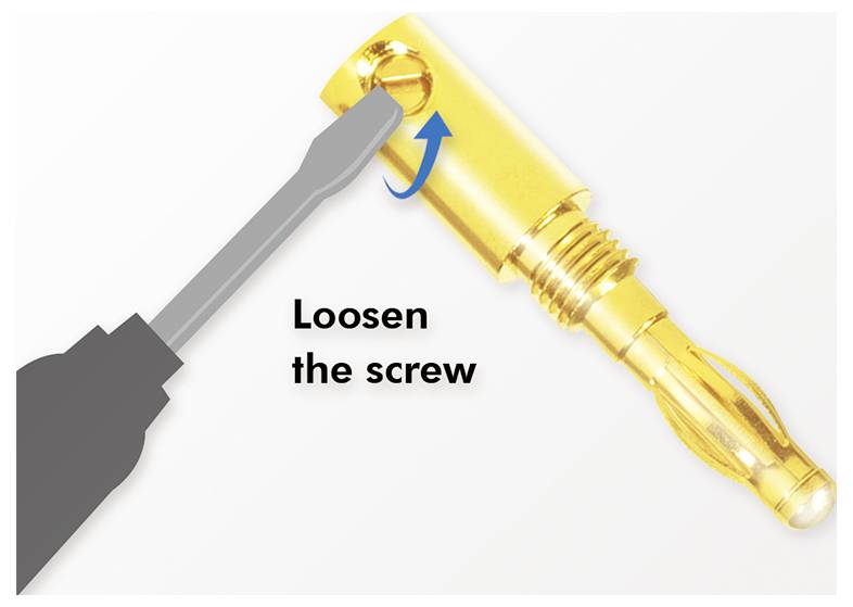A gold connector with a screw is being loosened by a screwdriver. An arrow indicates the rotation direction. Text reads 'Loosen the screw.'