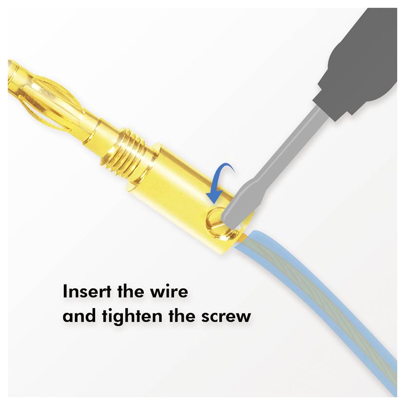 A screwdriver tightens a screw on a gold audio connector with a blue wire inserted. Text reads 'Insert the wire and tighten the screw'.