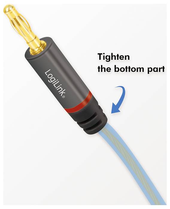 Gold-plated LogiLink audio connector with silver and blue cable, arrow indicating to 'Tighten the bottom part' for secure connection.